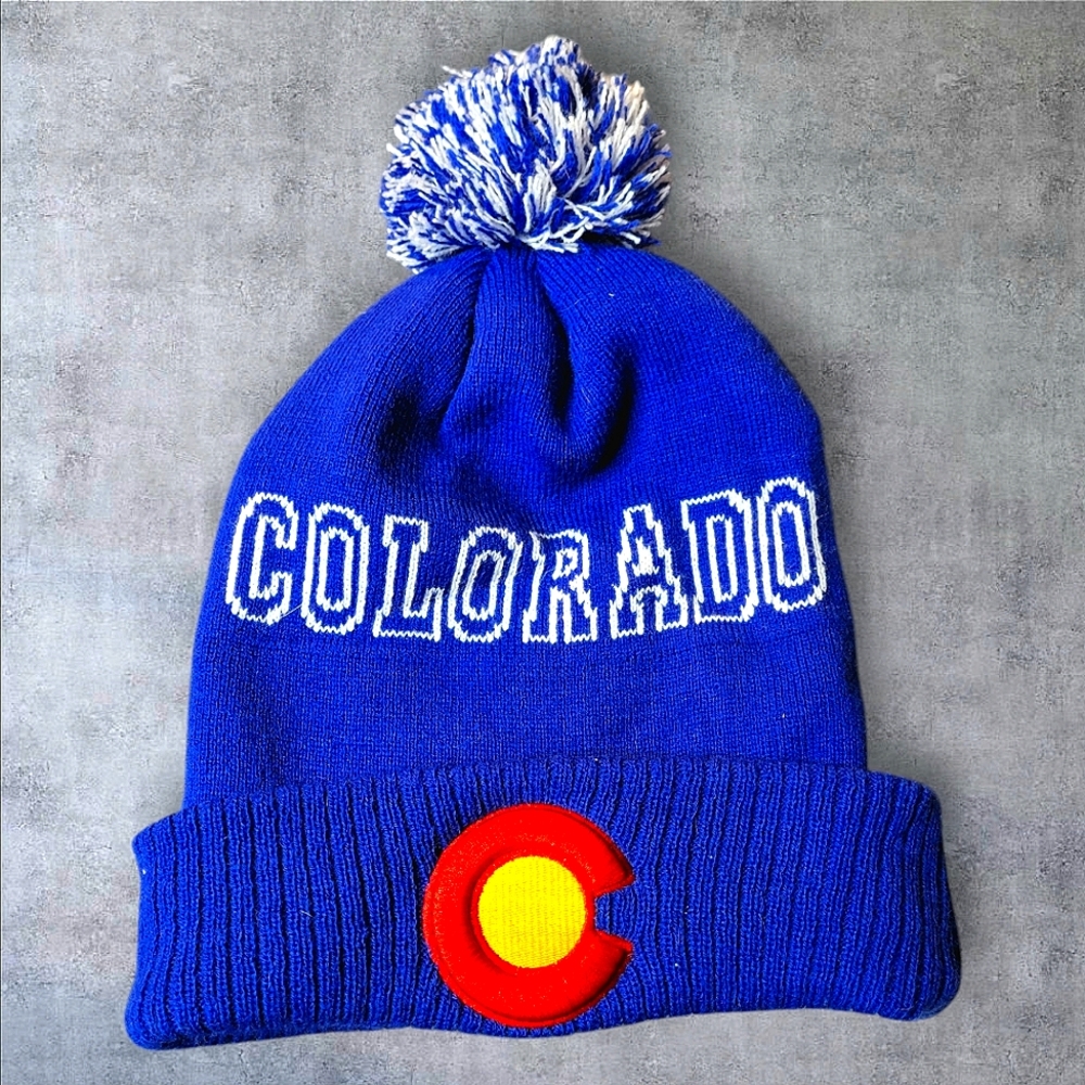 Colorado State Beanie Hat Blue Red Pom Unisex Mens Womens Stretchy Knit Winter
